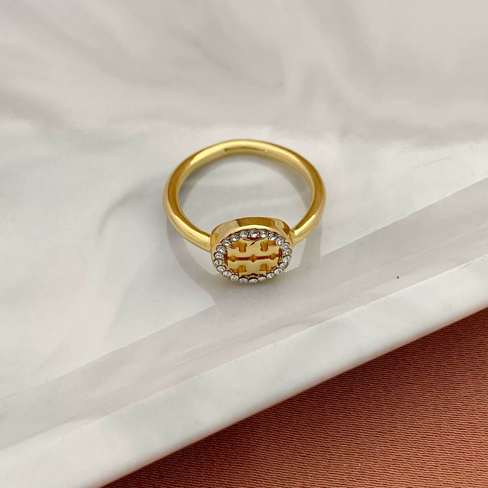 Tory Burch Tiny Rhinestone Inlaid Hollow Letter Geometric Metal Ring